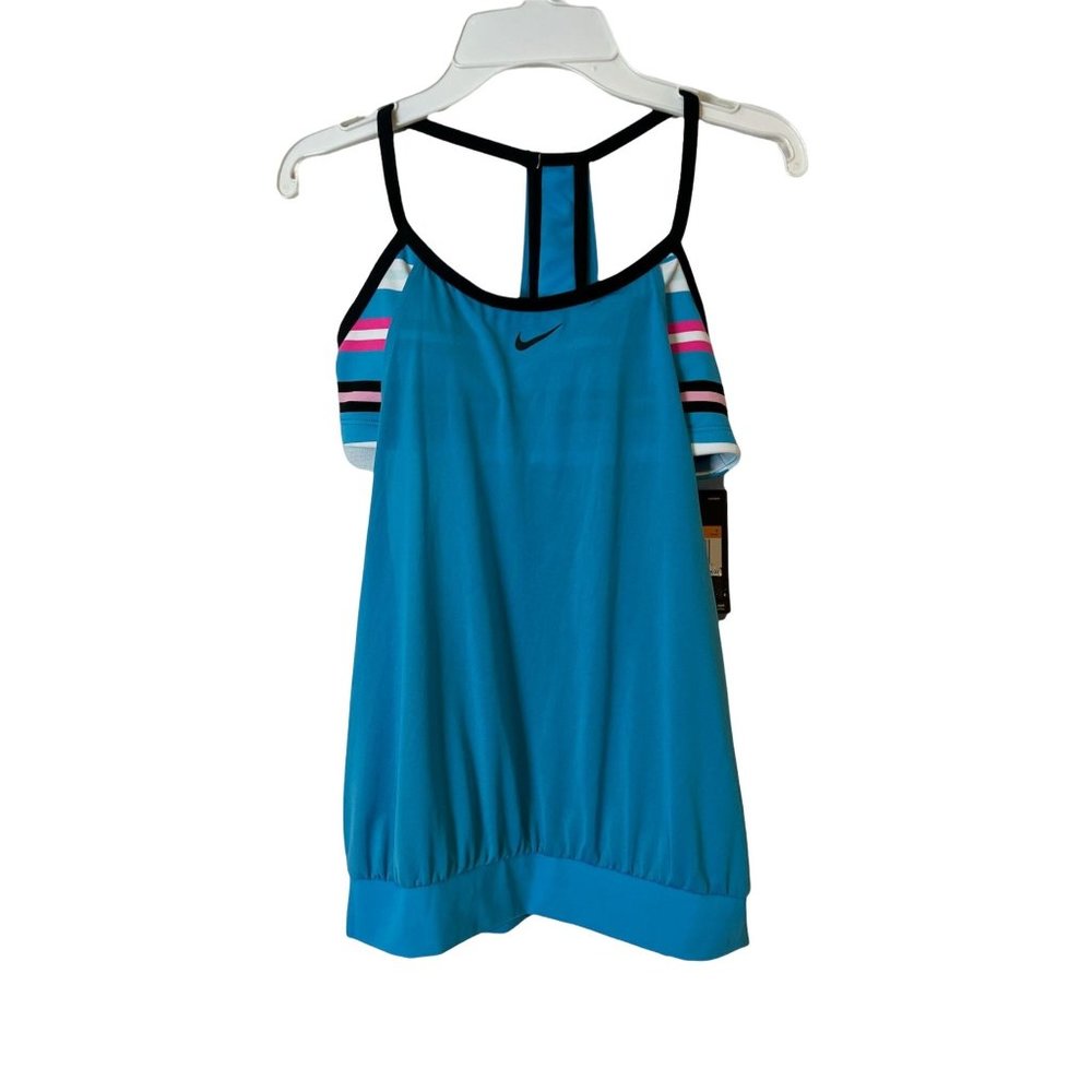 Nike Tankini Womens Small Layered 2 in 1 Sport Swim Top T Back Stretch Blue Band